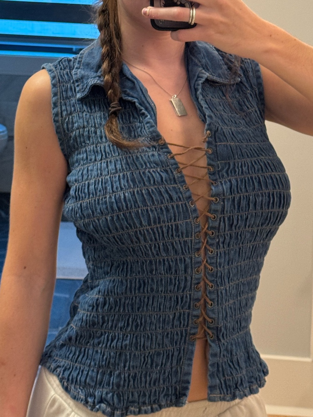 Cinched Jean Top with Brown Lace